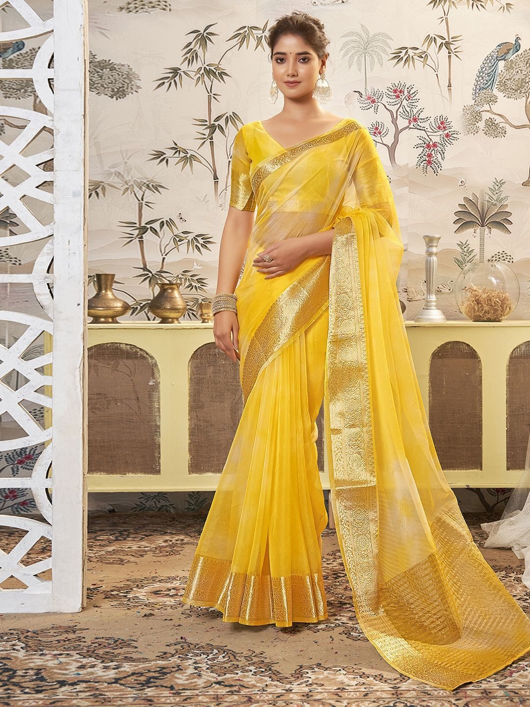 

DIVASTRI Zari Organza Banarasi Saree, Yellow