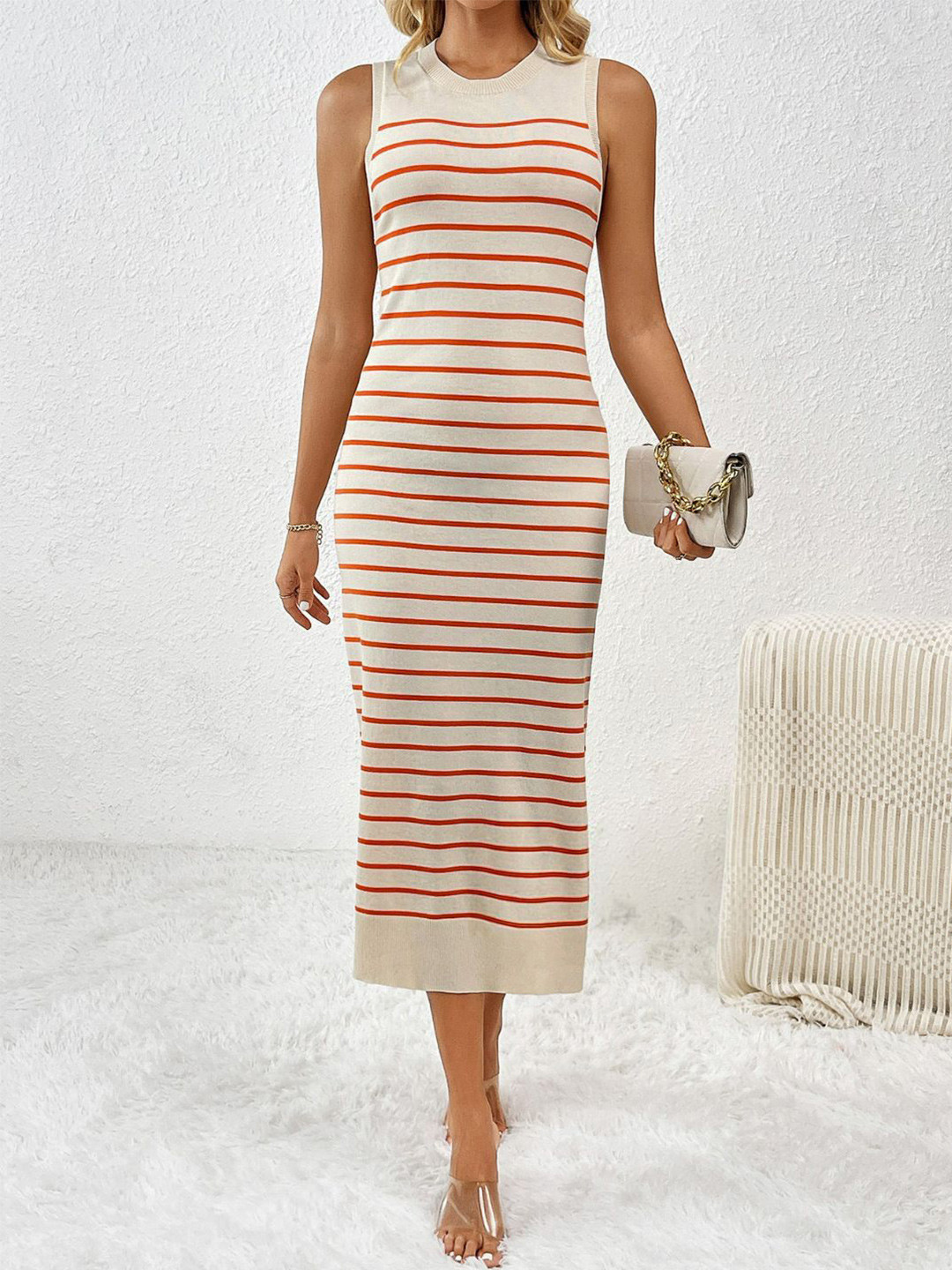 

Oh Rare Striped Slim Fit Long Sweater Dress, Orange