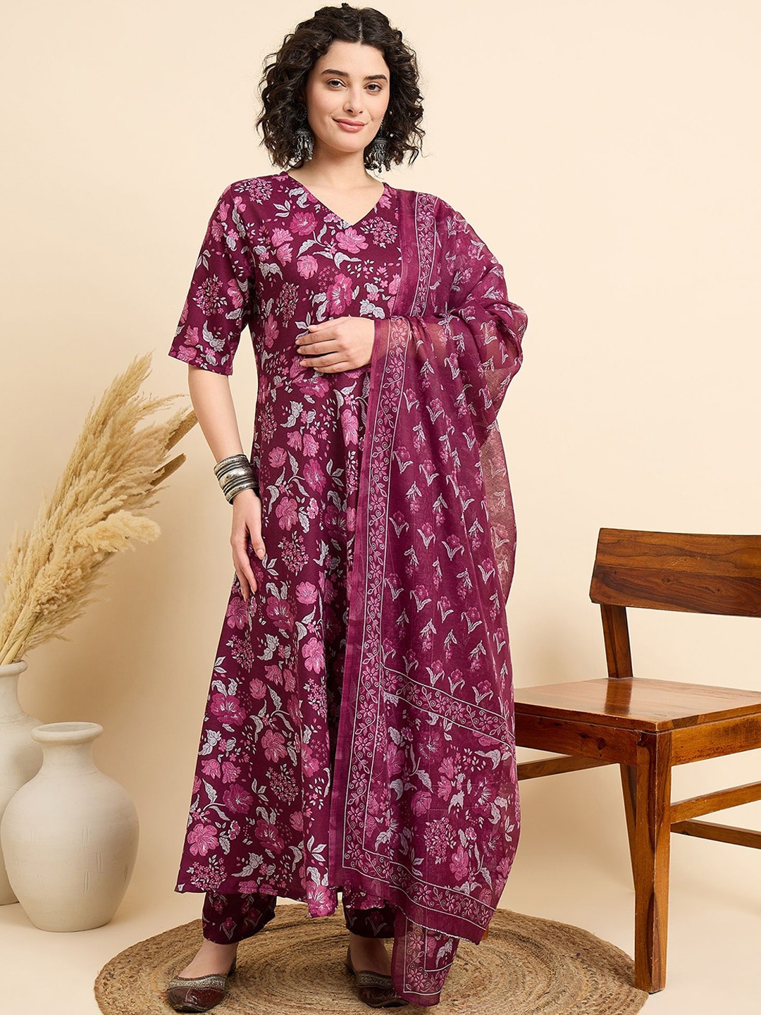 

KALINI Women Floral Printed Regular Kurta with Trousers & With Dupatta, Purple