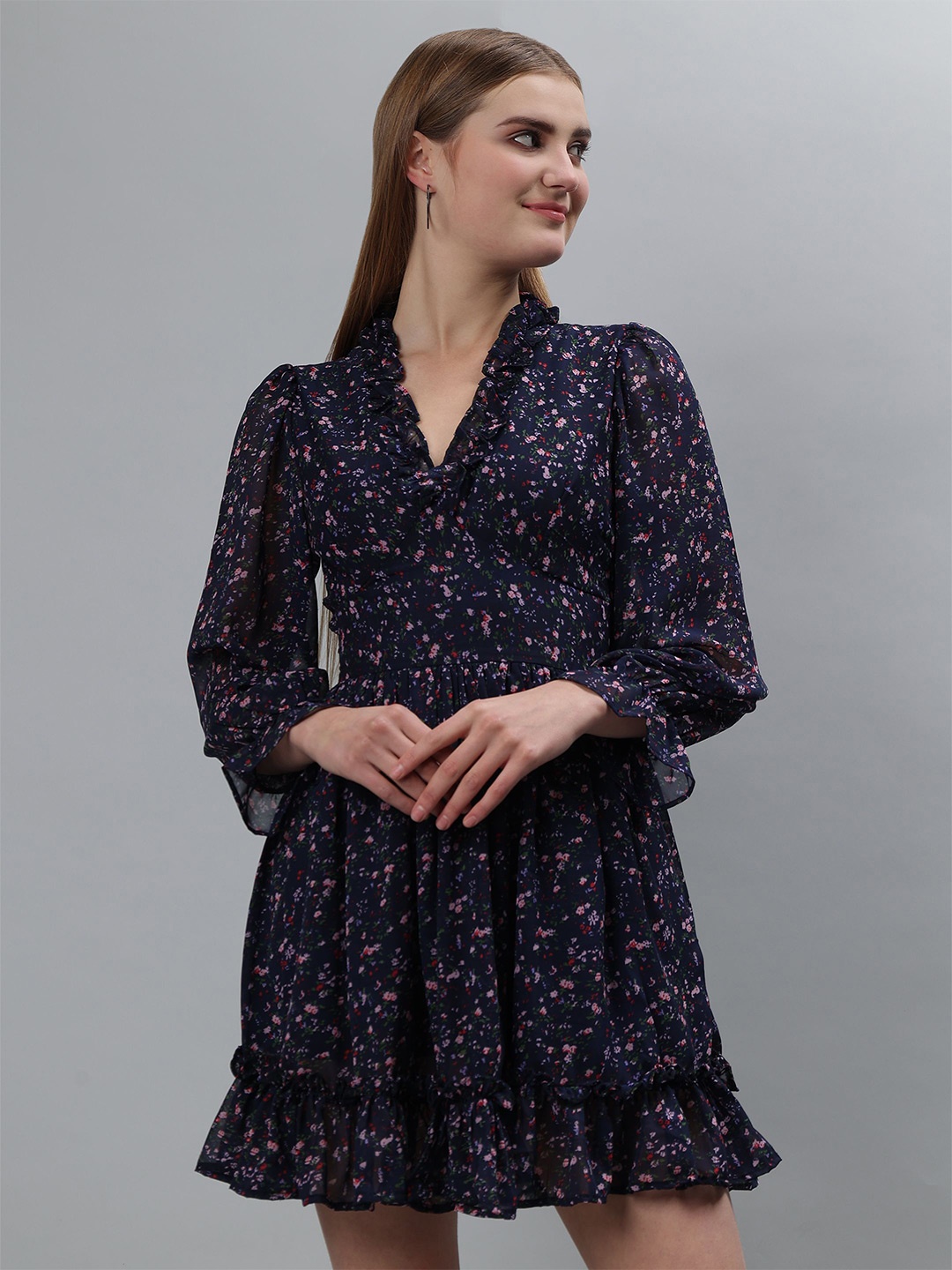 

ETRAANA Floral Print Georgette Fit & Flare Midi Dress, Blue