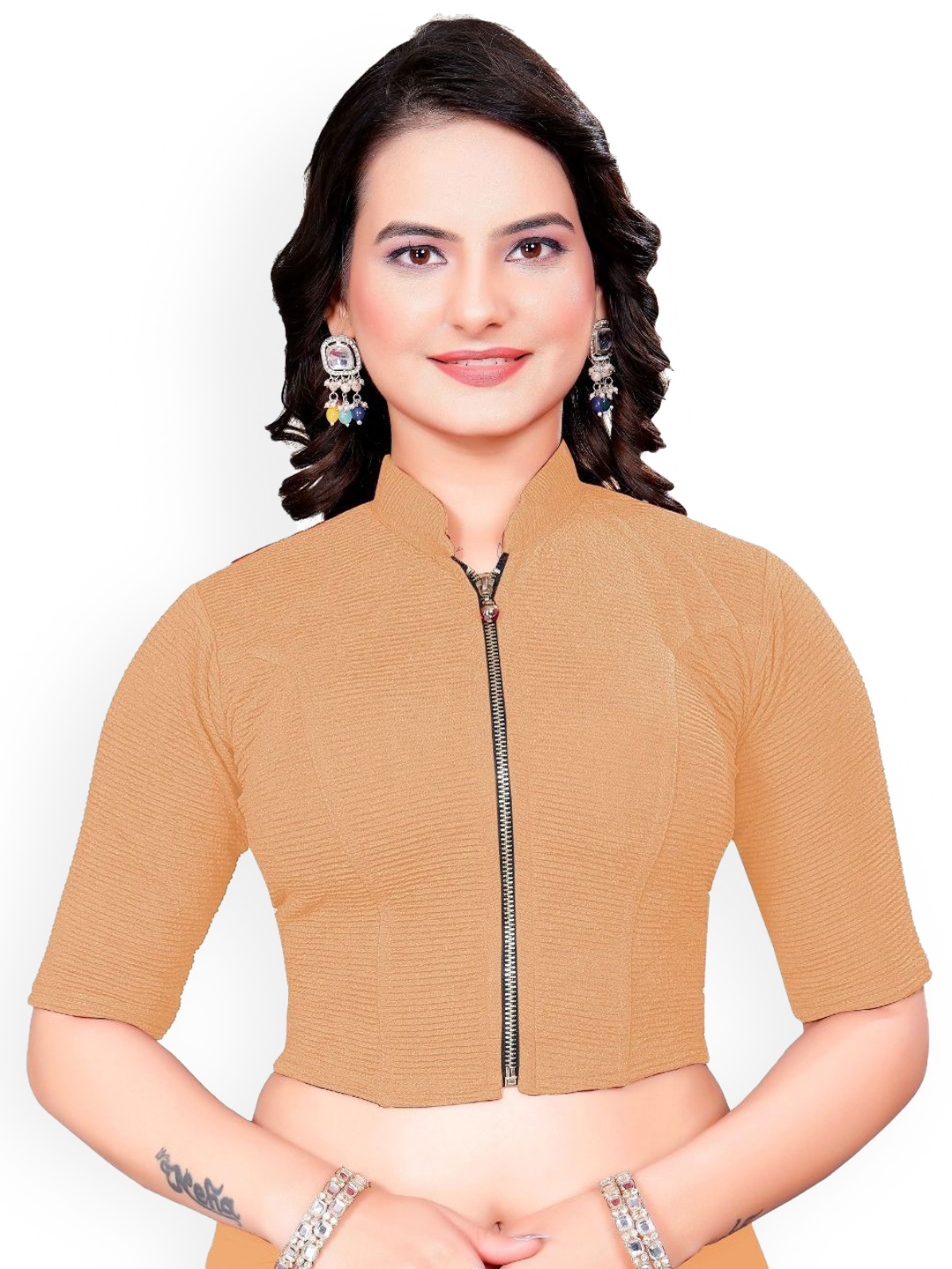 

SS Sanket Synthetics High Neck Front Full Zip Blouse, Beige
