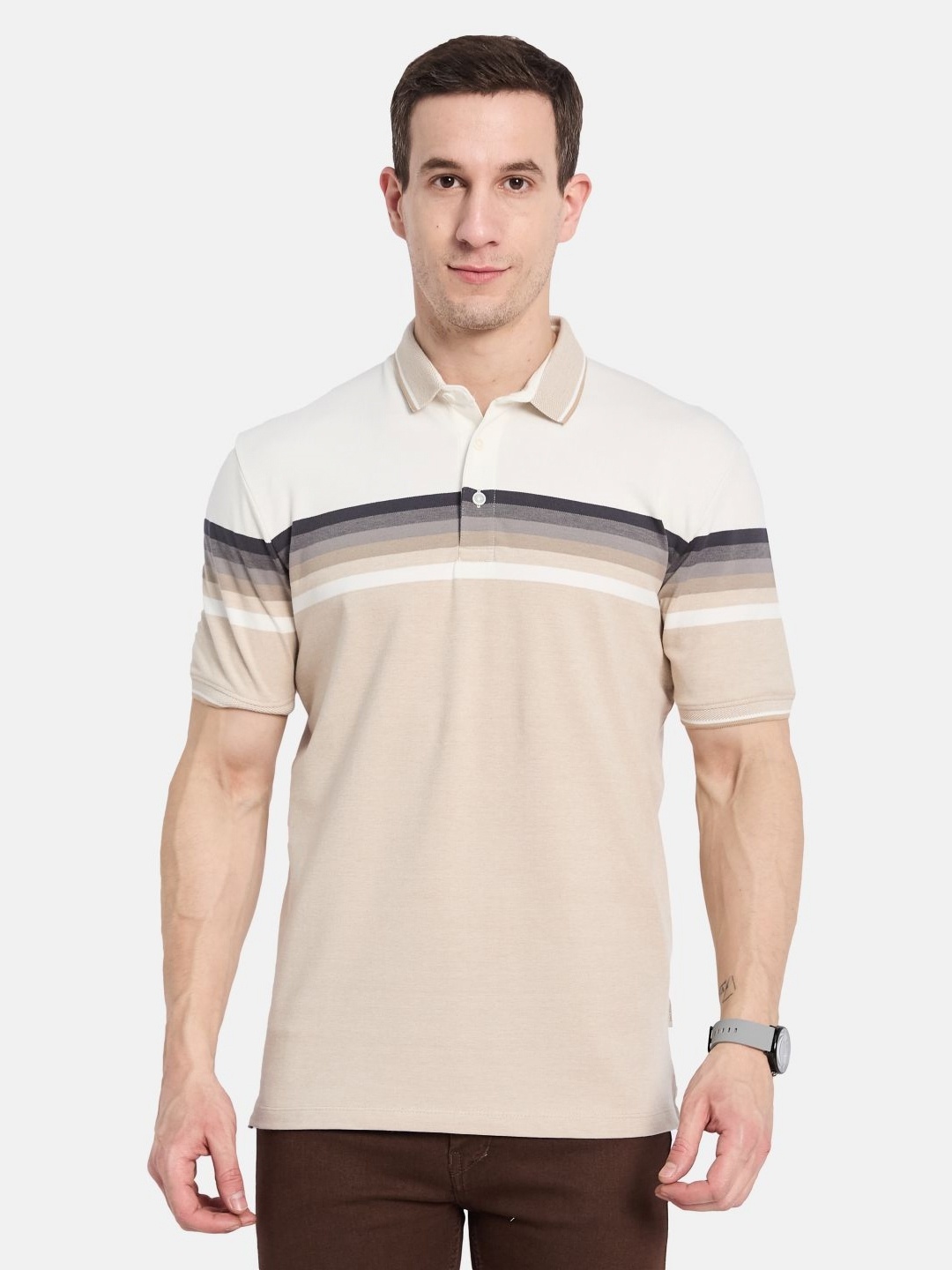 

Octave Men Colourblocked Polo Collar T-shirt, Beige