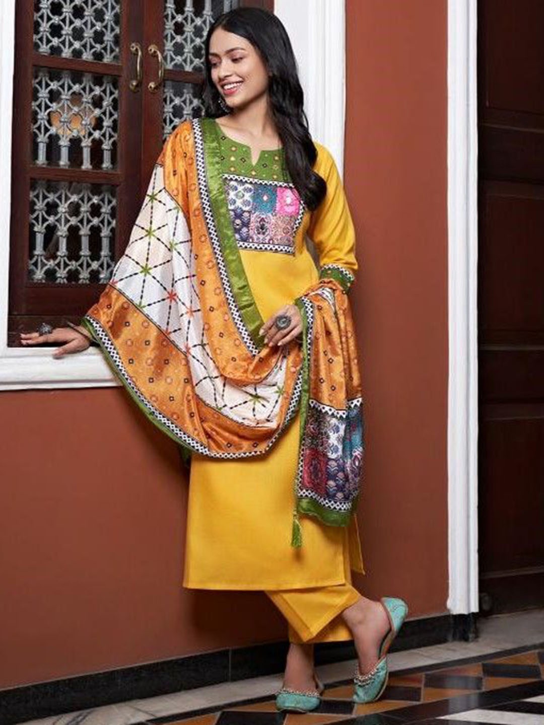 

Colors of Earth Women Printed Regular Kurta with Trousers & With Dupatta, Yellow