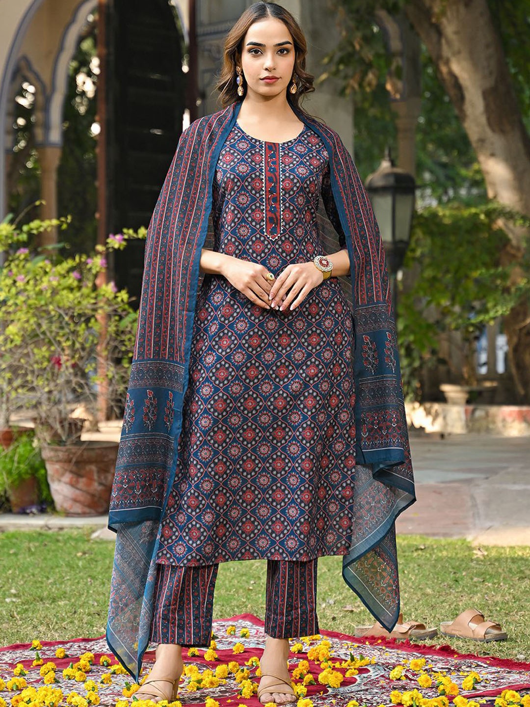 

KALINI Women Ethnic Motifs Printed Regular Kurta with Trousers & With Dupatta, Blue