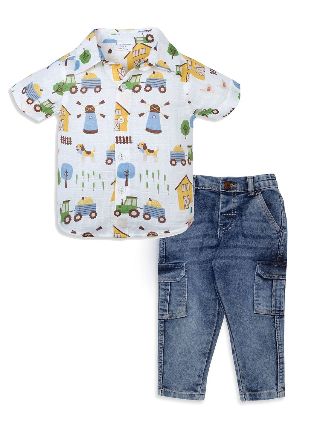 

My Milestones Boys Printed Shirt with Trousers, White
