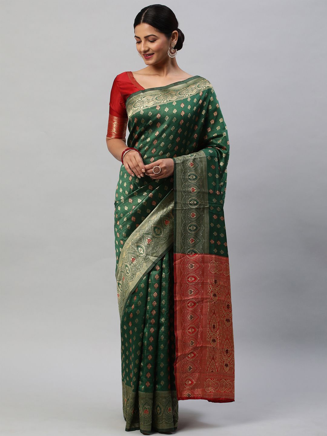 

KALINI Woven Design Zari Silk Blend Kanjeevaram Saree, Green