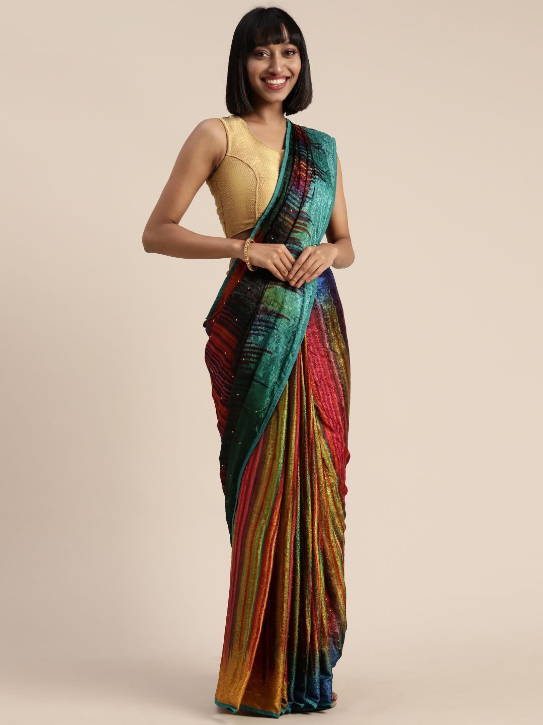 

DIVASTRI Striped Beads and Stones Pure Crepe Saree, Blue