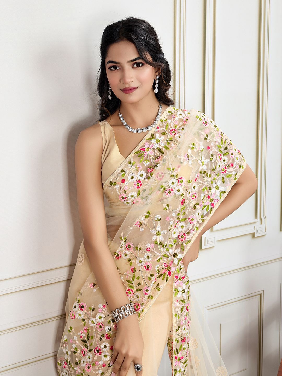 

House of Pataudi Embroidered Work Saree With Blouse Piece, Cream