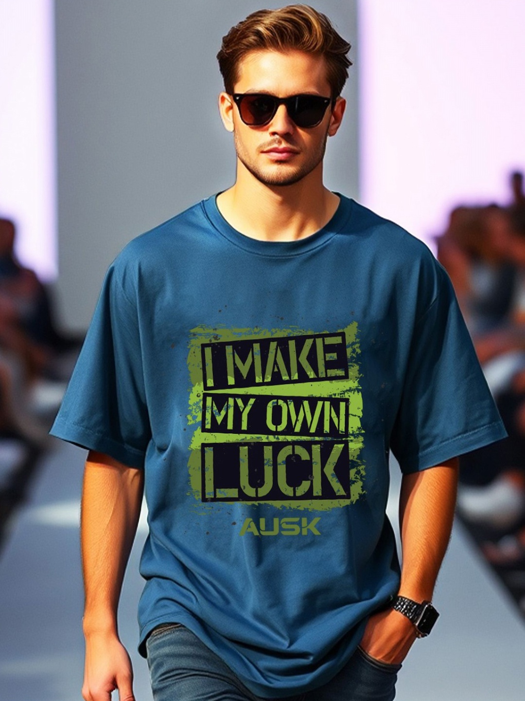 

AUSK Men Typography Printed Pockets T-shirt, Teal