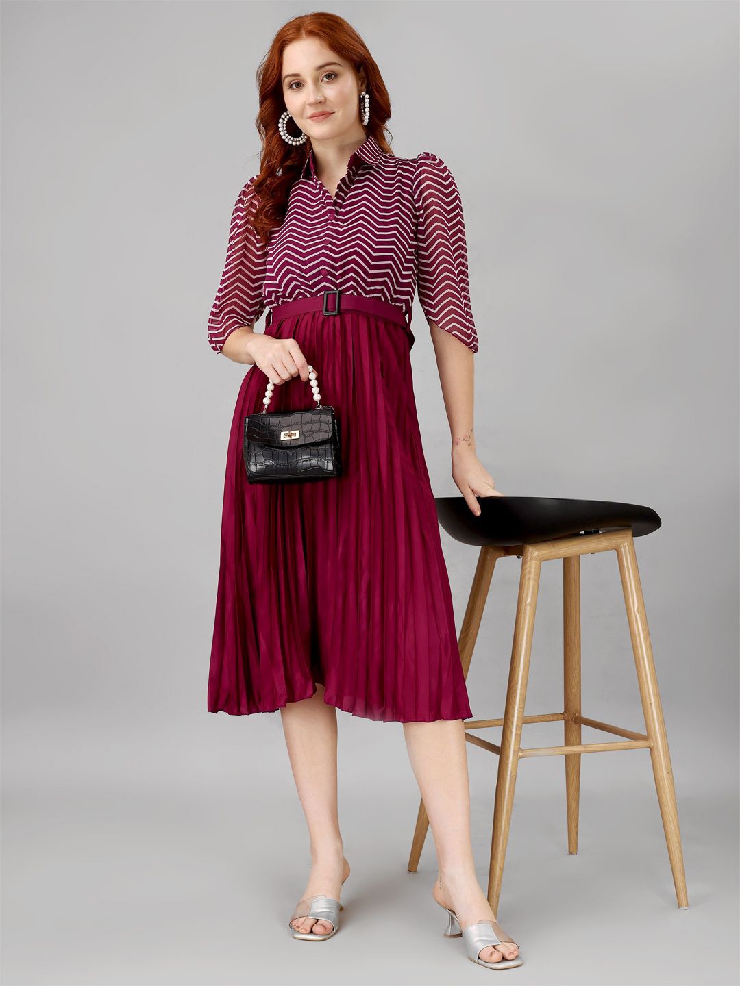 

Jash Creation Striped Applique Georgette Fit & Flare Maxi Dress, Magenta