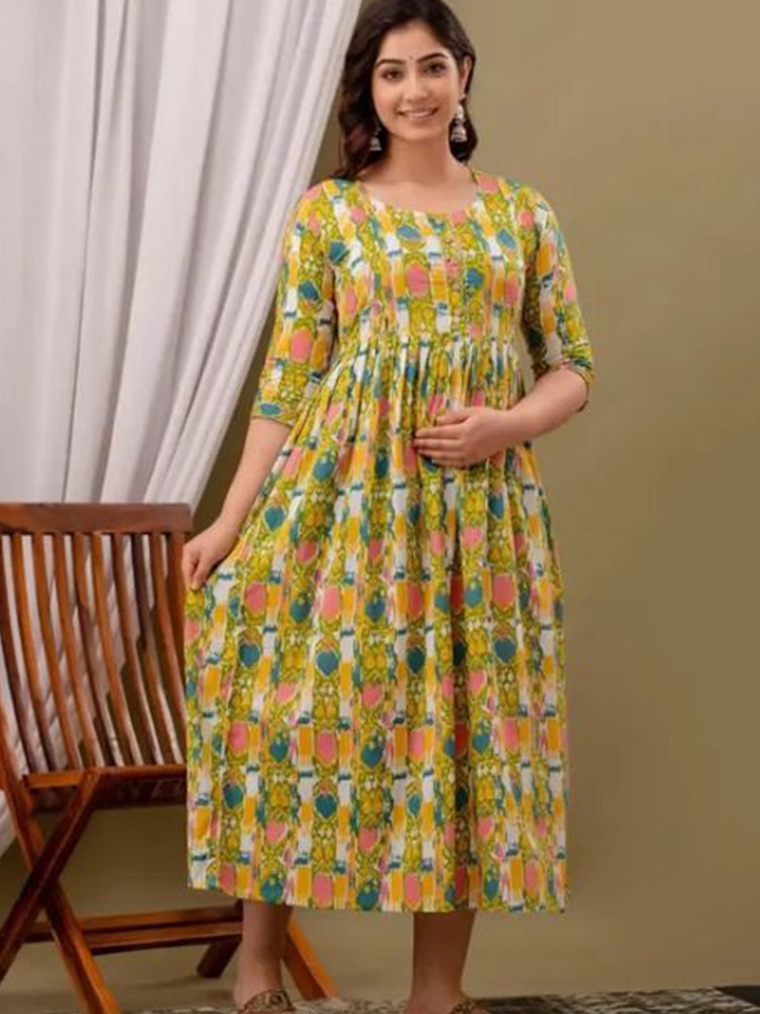 

Vorcia Febtex Printed Flared Feeding Ethnic Dresses, Yellow