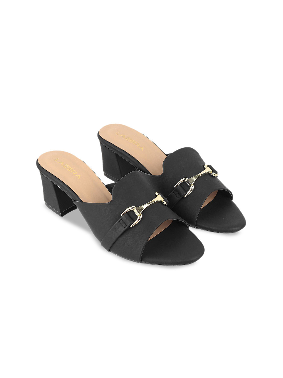 

Lazera Leather Block Sandals with Buckles, Black