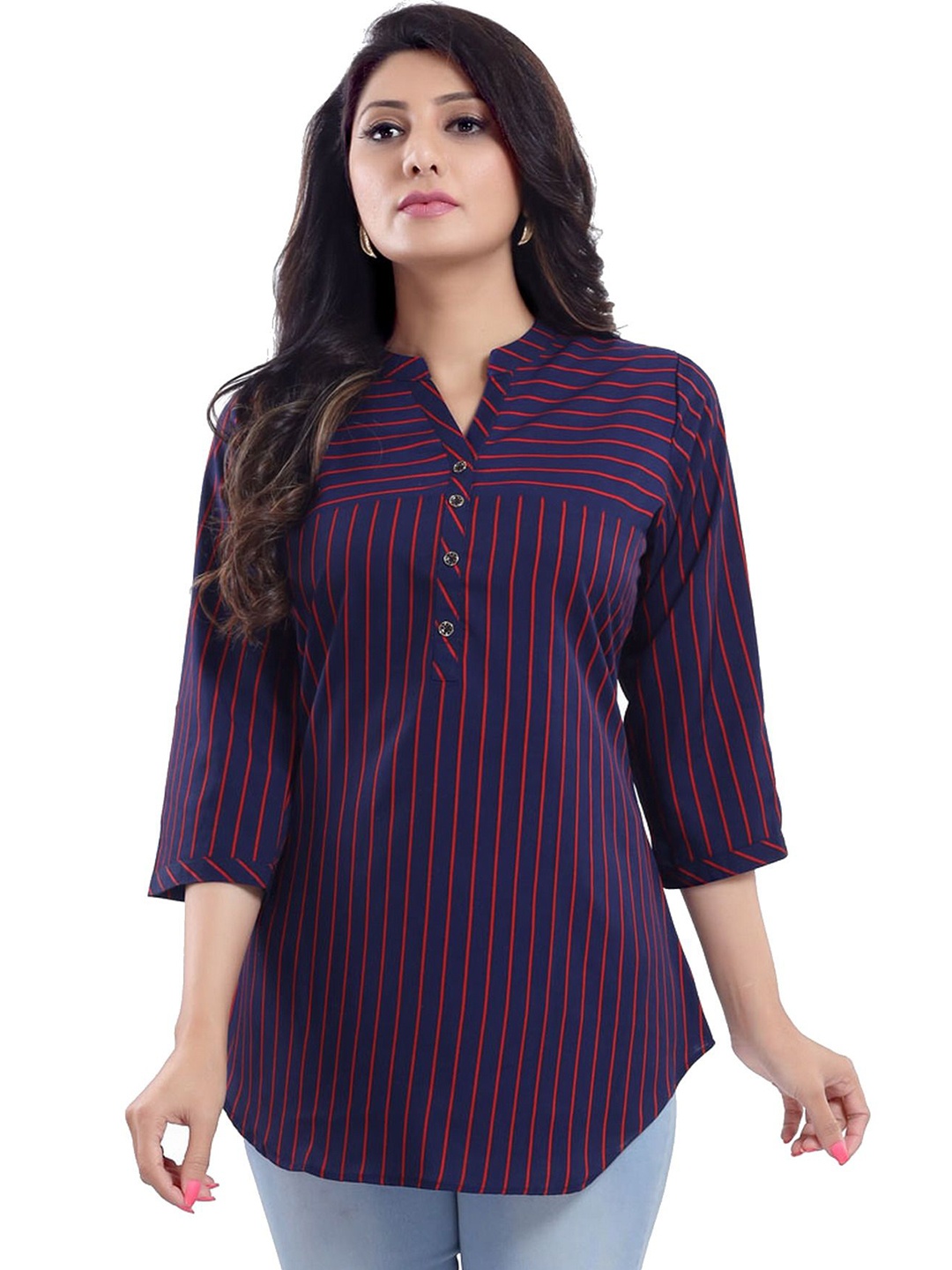 

Meher Impex Print Mandarin Collar Crepe Top, Blue
