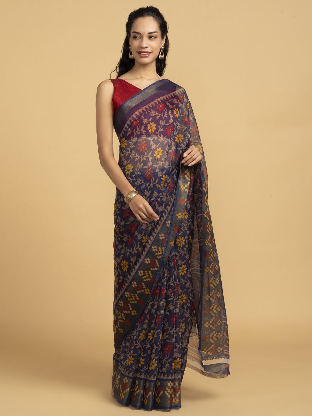 

Saaki Ethnic Motifs Zari Block Print Saree, Purple