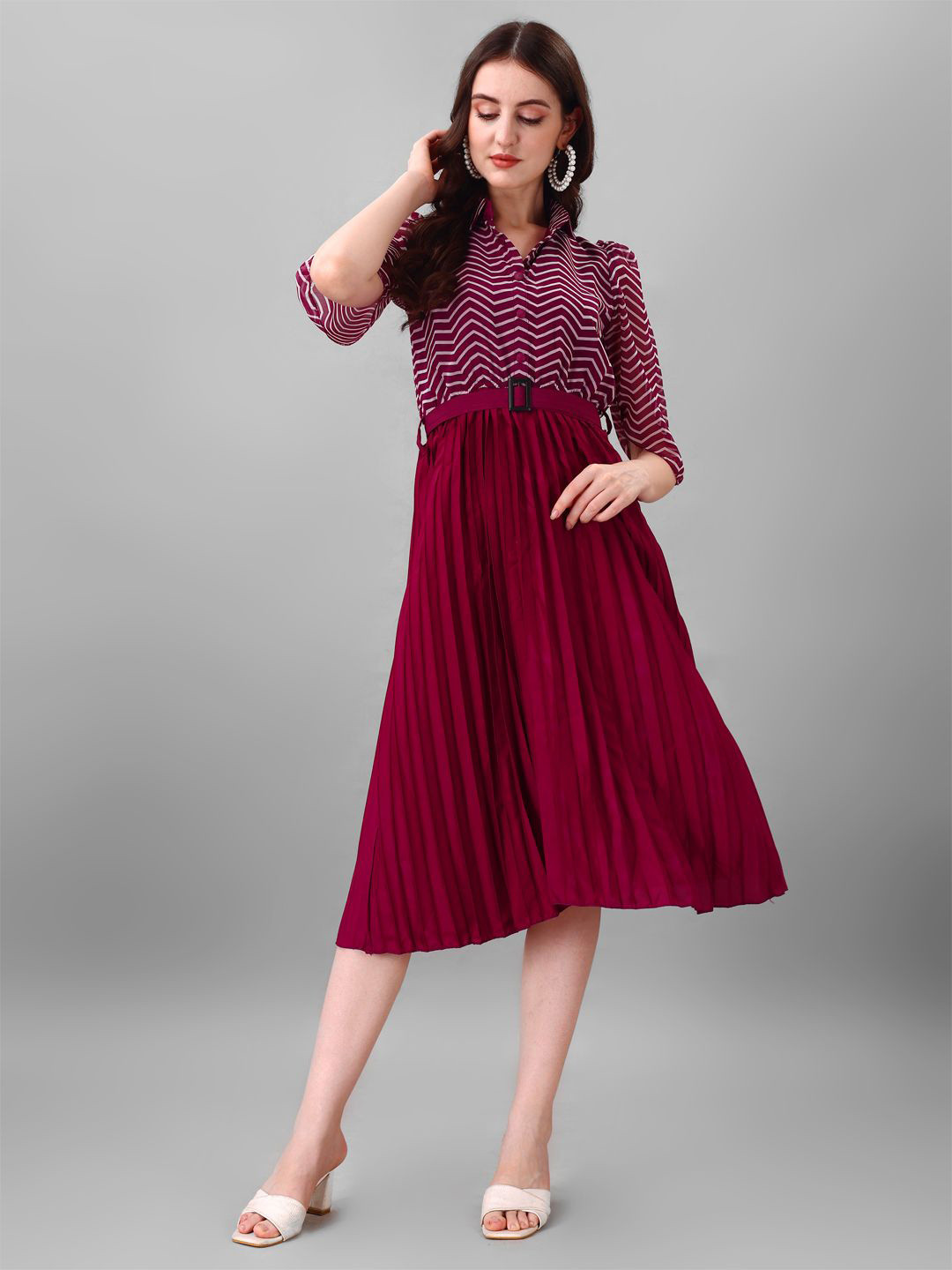 

Raiyani Fashion Striped Applique Georgette Fit & Flare Midi Dress, Magenta