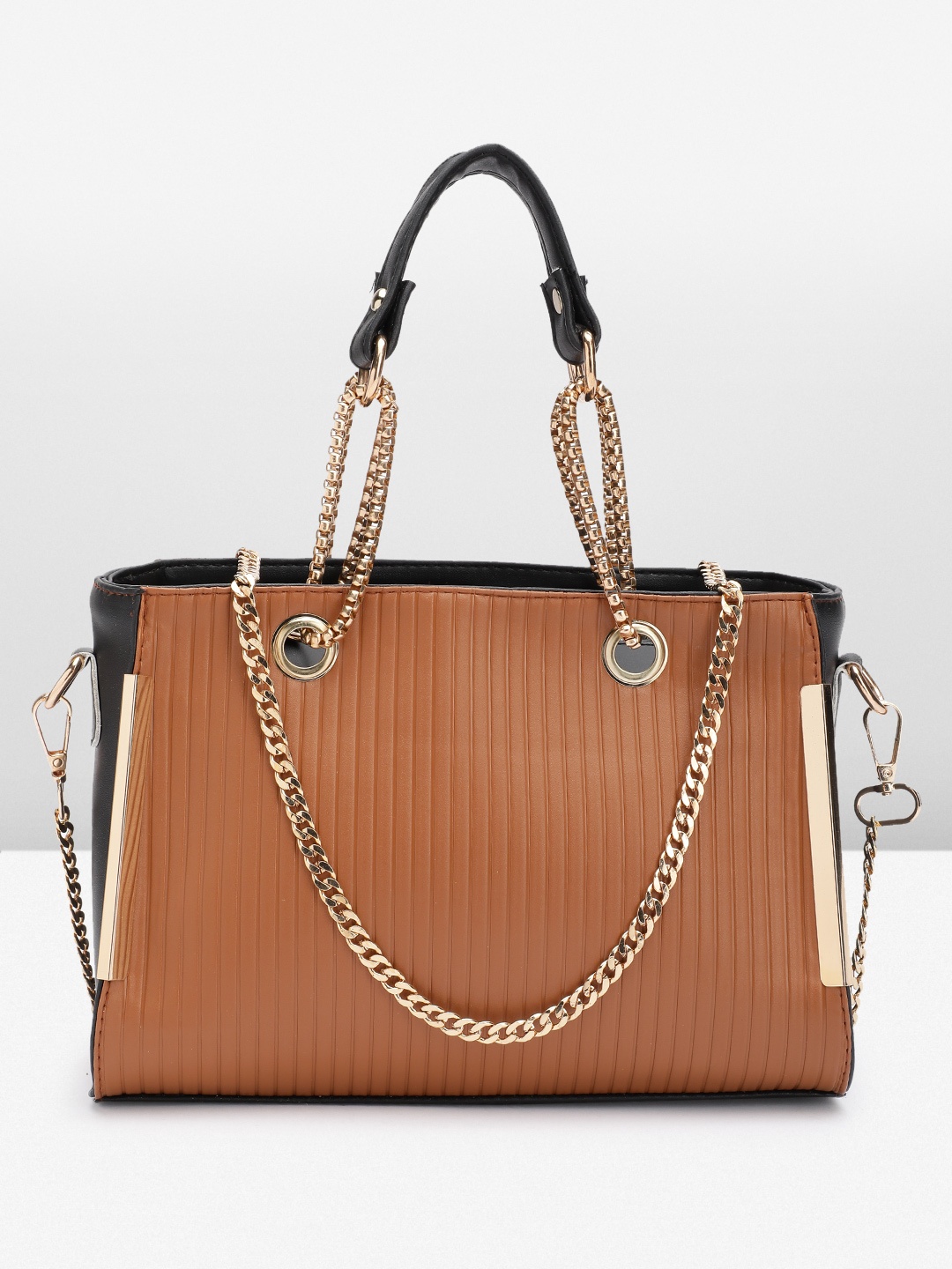 

Mast & Harbour Colourblocked Striped Structured Shoulder Bag, Tan