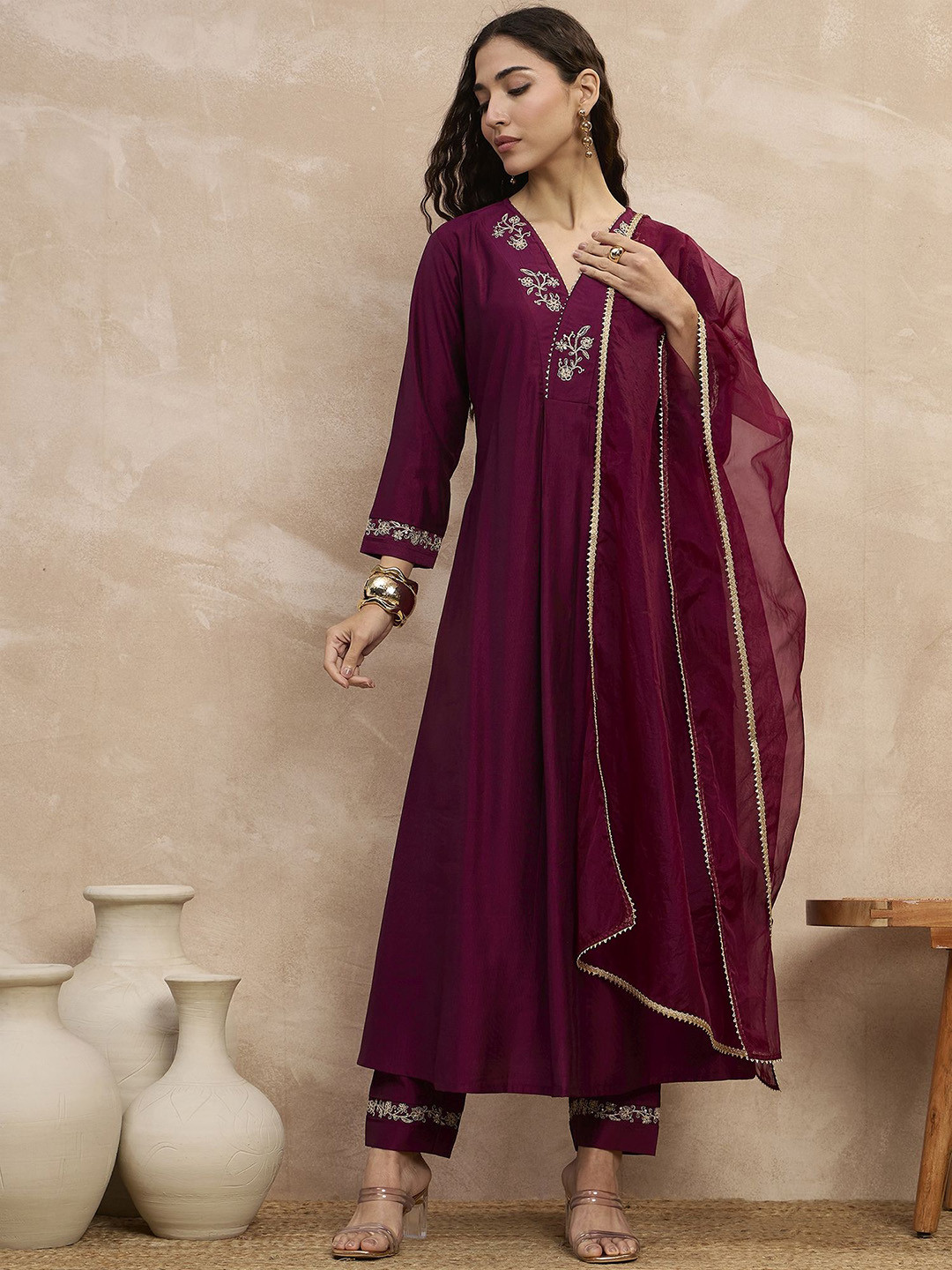 

all about you Women Embroidered Regular Kurta with Trousers & With Dupatta, Purple