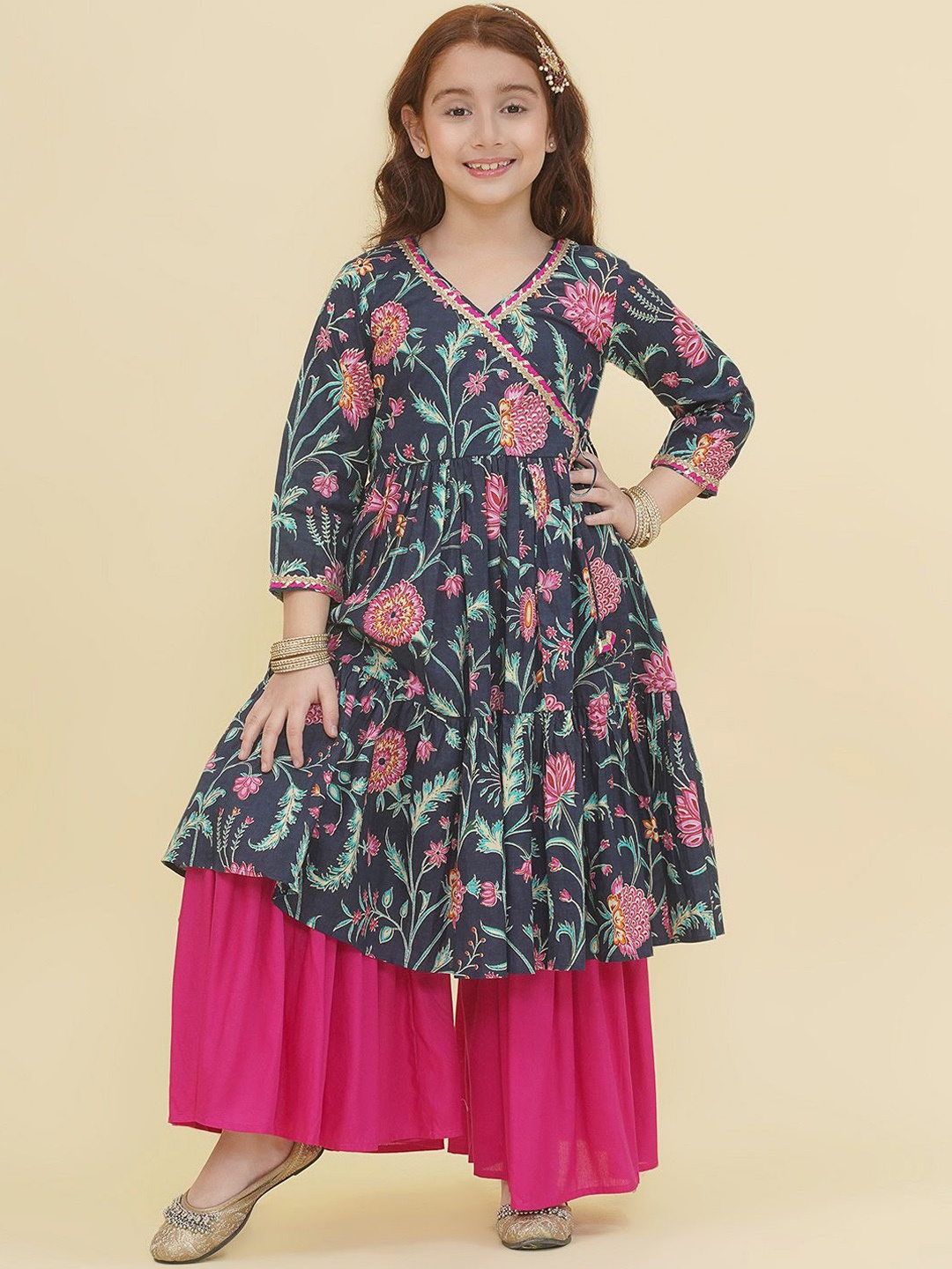 

Bitiya by Bhama Girls Ethnic Motifs Printed Angrakha Gotta Patti Pure Cotton Kurta with Sharara, Blue