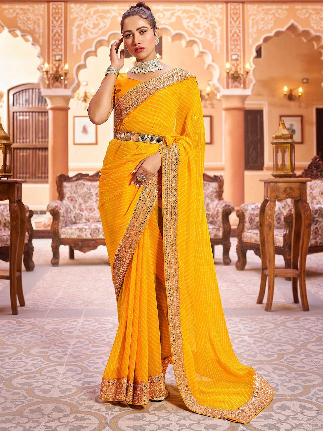 

DIVASTRI Leheriya Embroidered Pure Georgette Leheriya Saree, Yellow