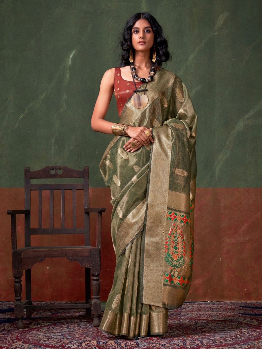 

PEENGAX Woven Design Zari Tissue Banarasi Saree, Green