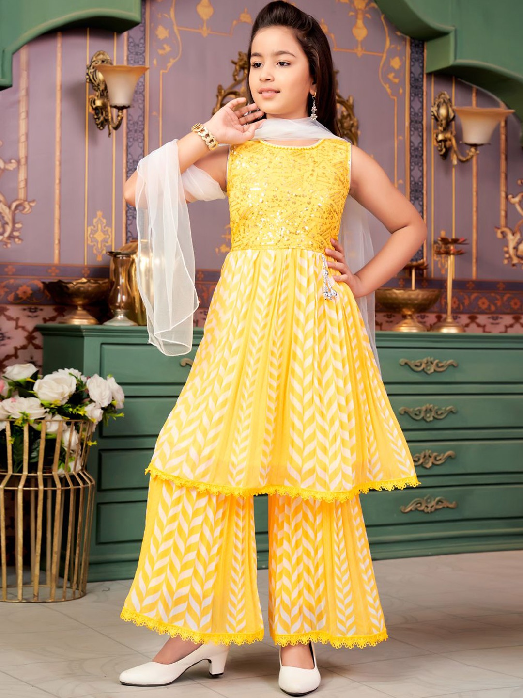 

Aarika Girls Printed Pleated Sequinned Kurta with Palazzos & With Dupatta, Yellow