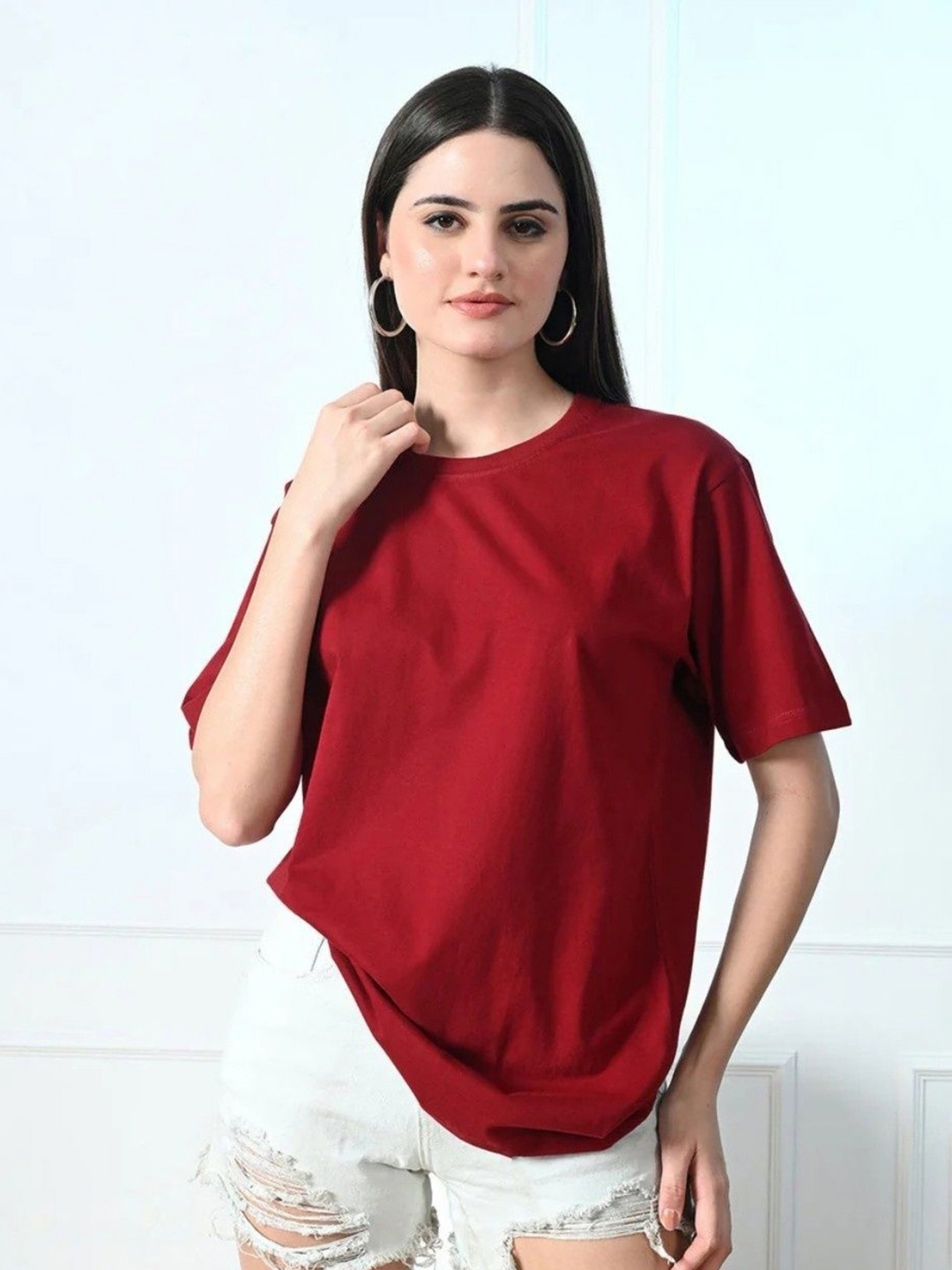 

URBANICE Women Drop-Shoulder Sleeves T-shirt, Maroon