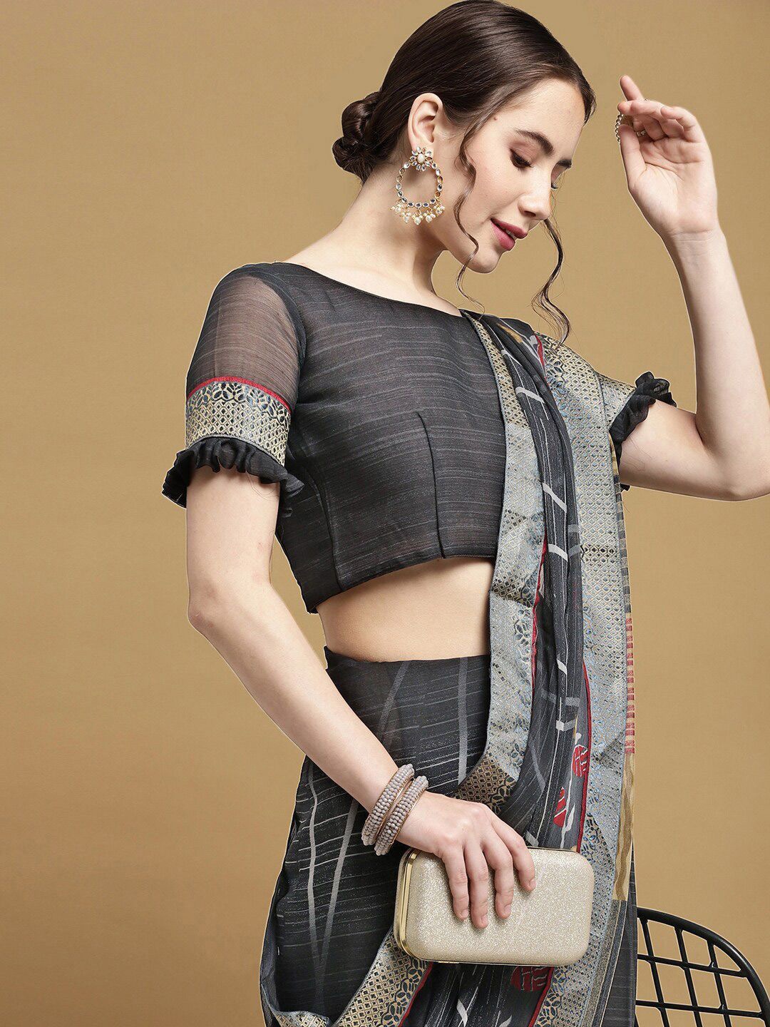 

DIVASTRI Zari Pure Chiffon Saree, Grey