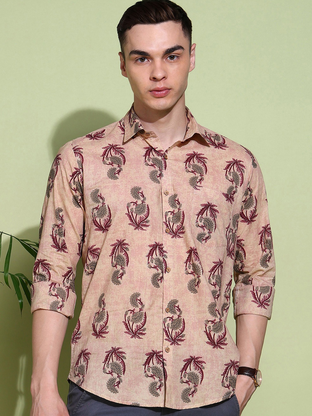 

Anouk Men Slim Fit Opaque Printed Casual Shirt, Pink