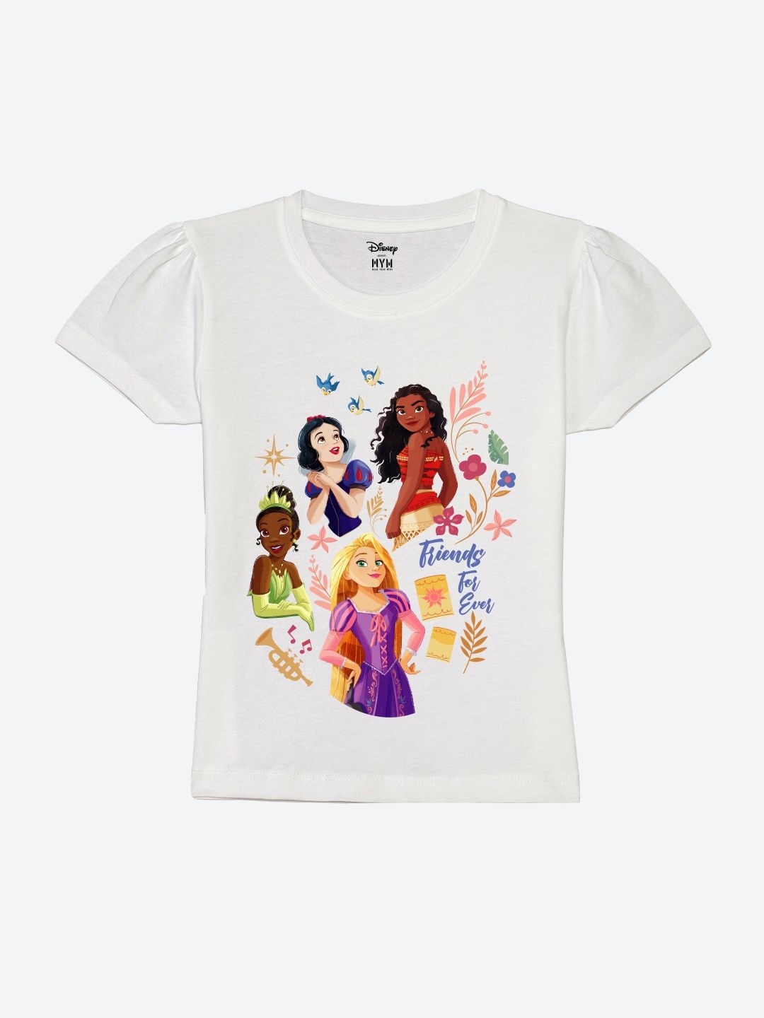 

Wear Your Mind Girls Printed Puff Sleeves Pure Cotton Applique T-shirt, White