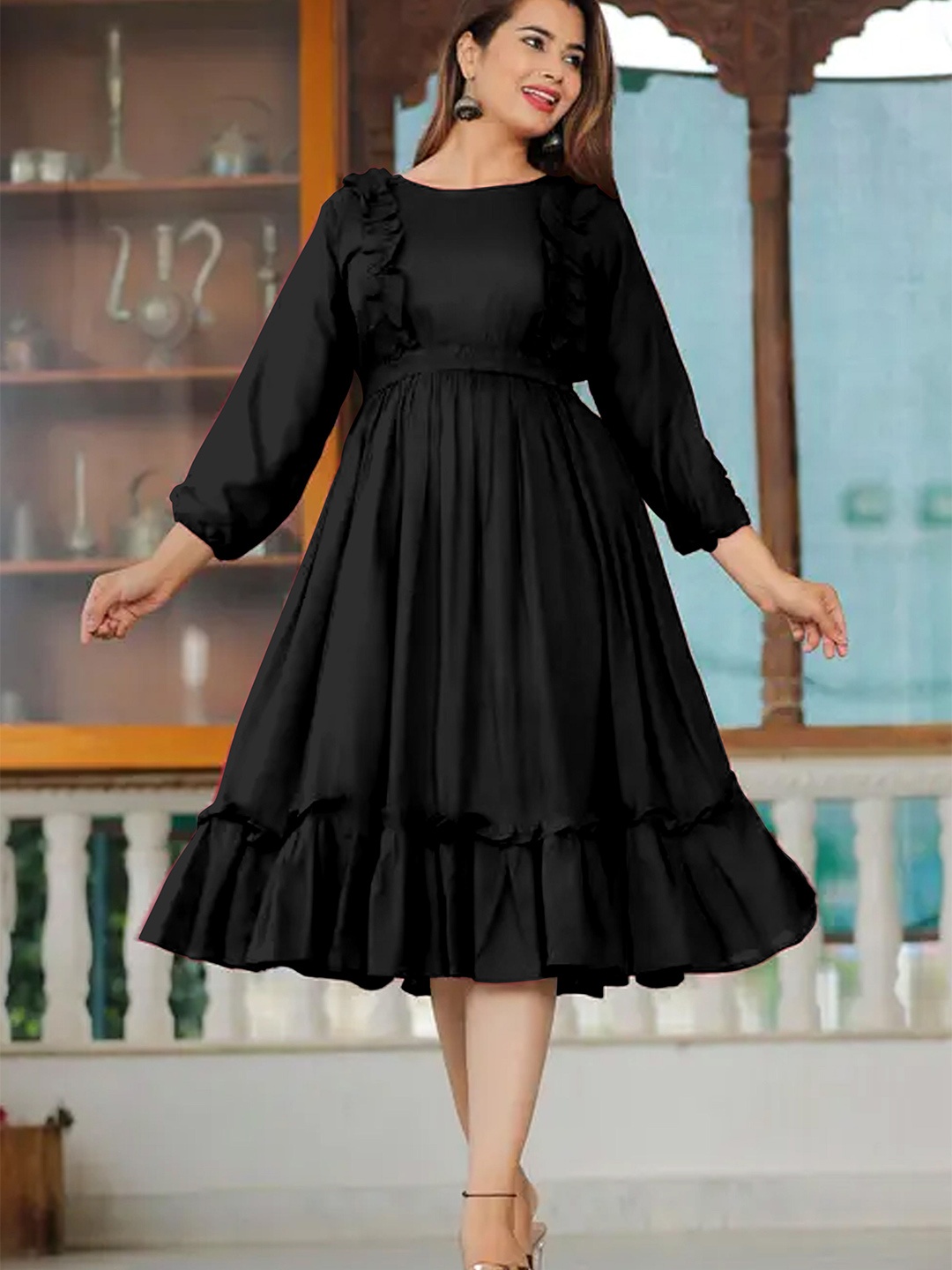 

Raiyani Fashion Applique Crepe Fit & Flare Midi Dress, Black