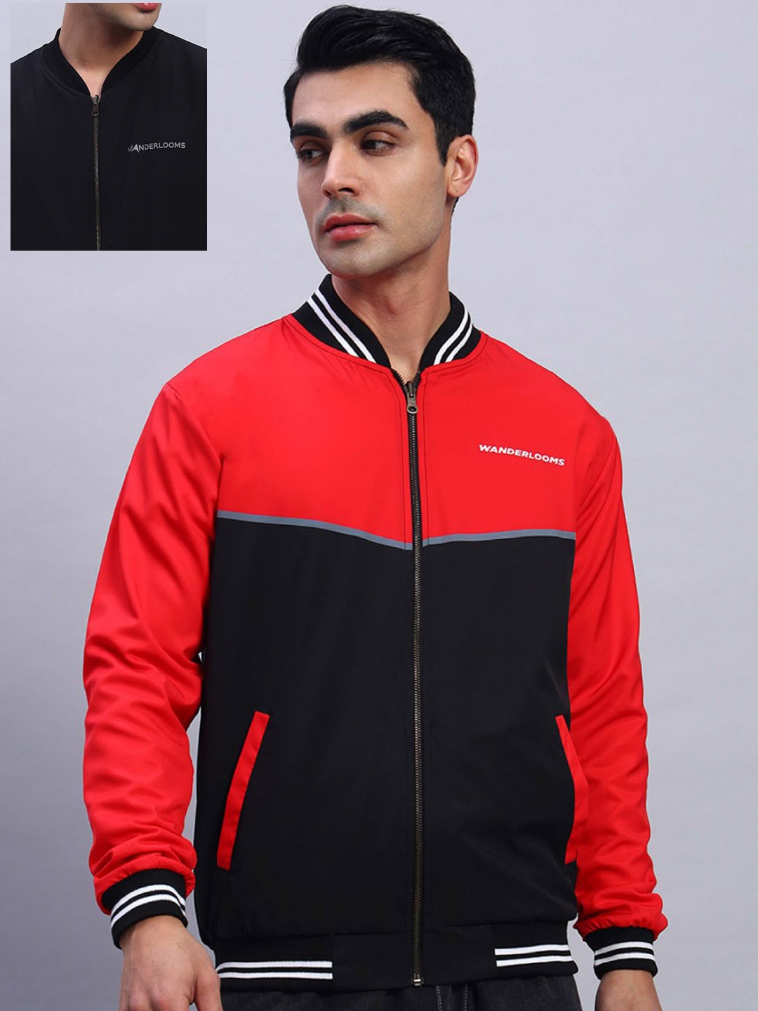 

WANDERLOOMS Colourblocked Mandarin Collar Reversible Bomber Jacket, Red