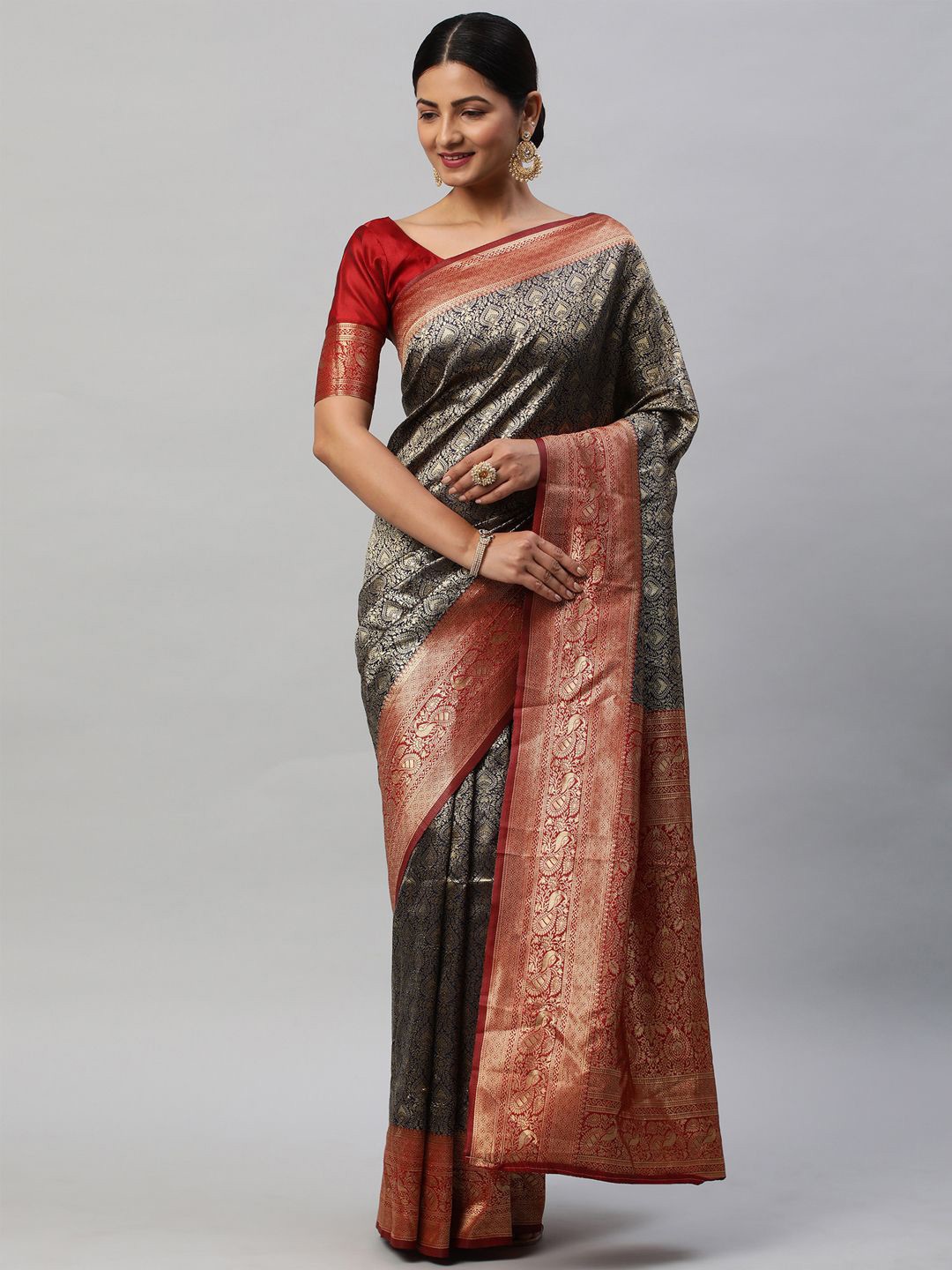 

KALINI Woven Design Zari Silk Blend Kanjeevaram Saree, Navy blue