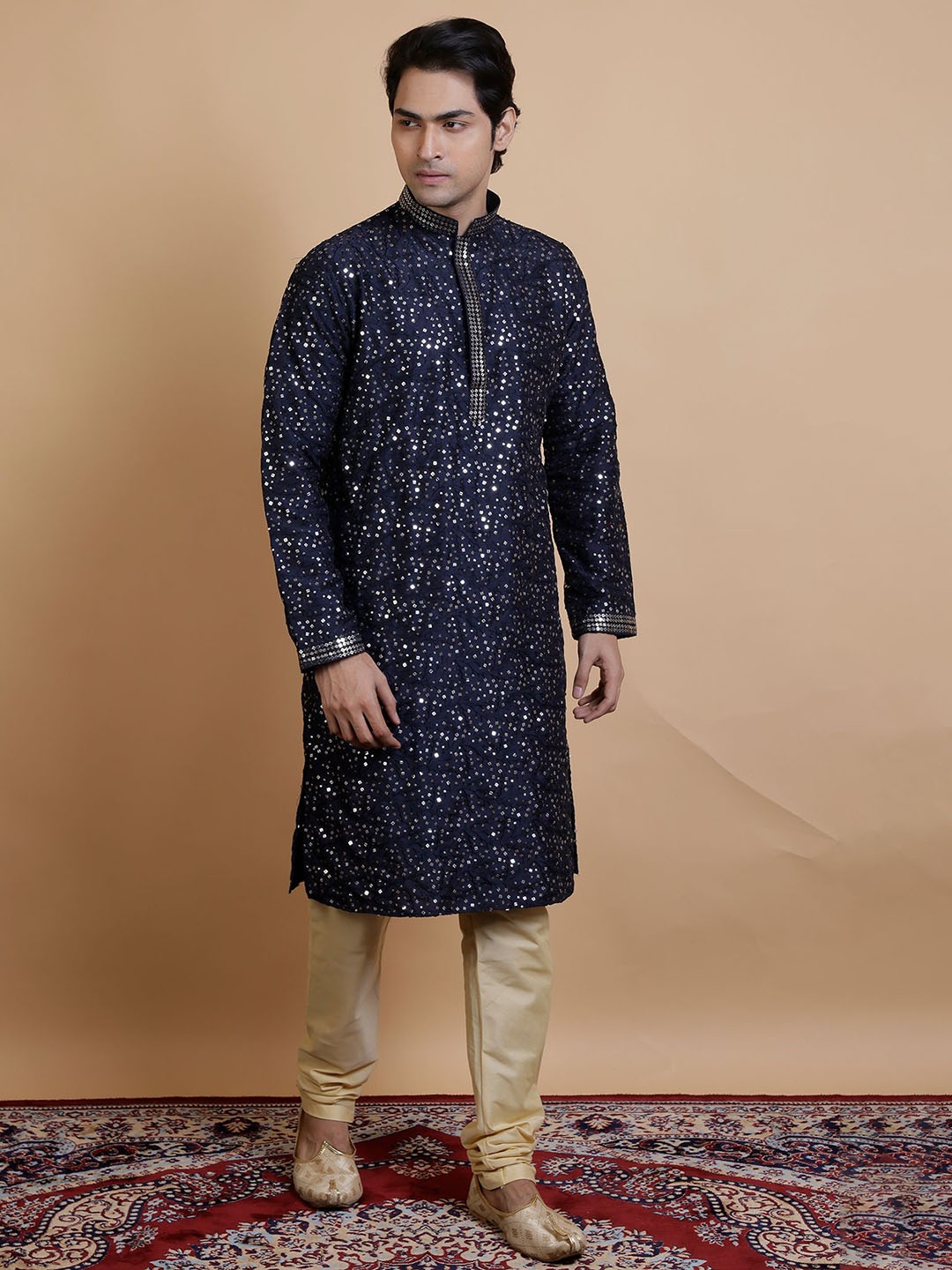 

KHAAS Men Ethnic Motifs Thread Work Organic Cotton Kurta, Navy blue