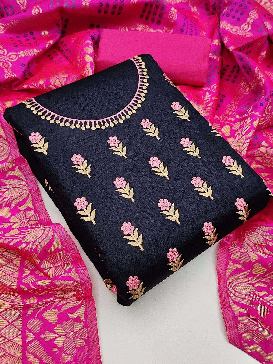 

SAINOOR Embroidered Semi-Stitched Dress Material, Black