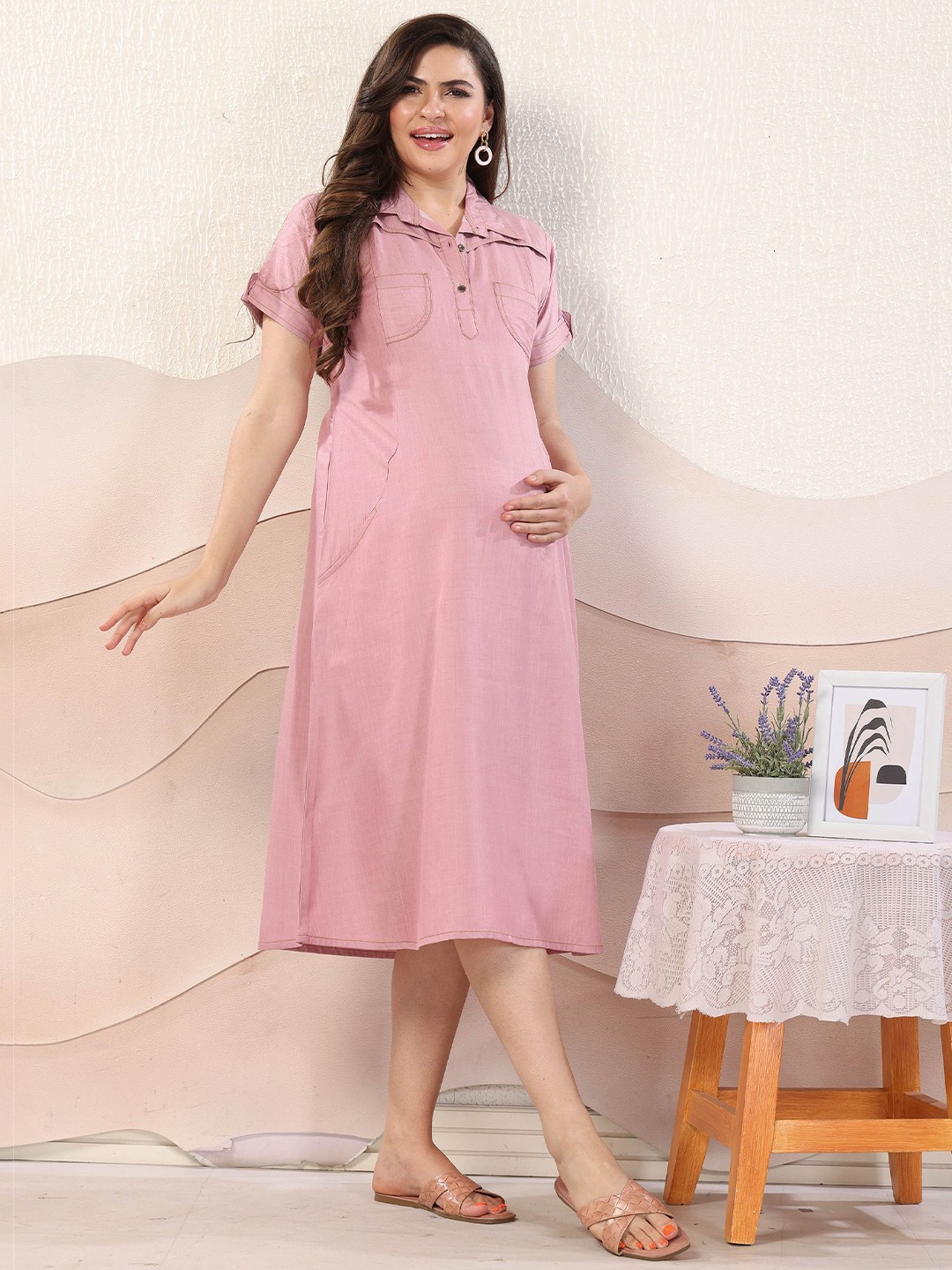 

EASY MOM Maternity Shirt Midi Dress, Na