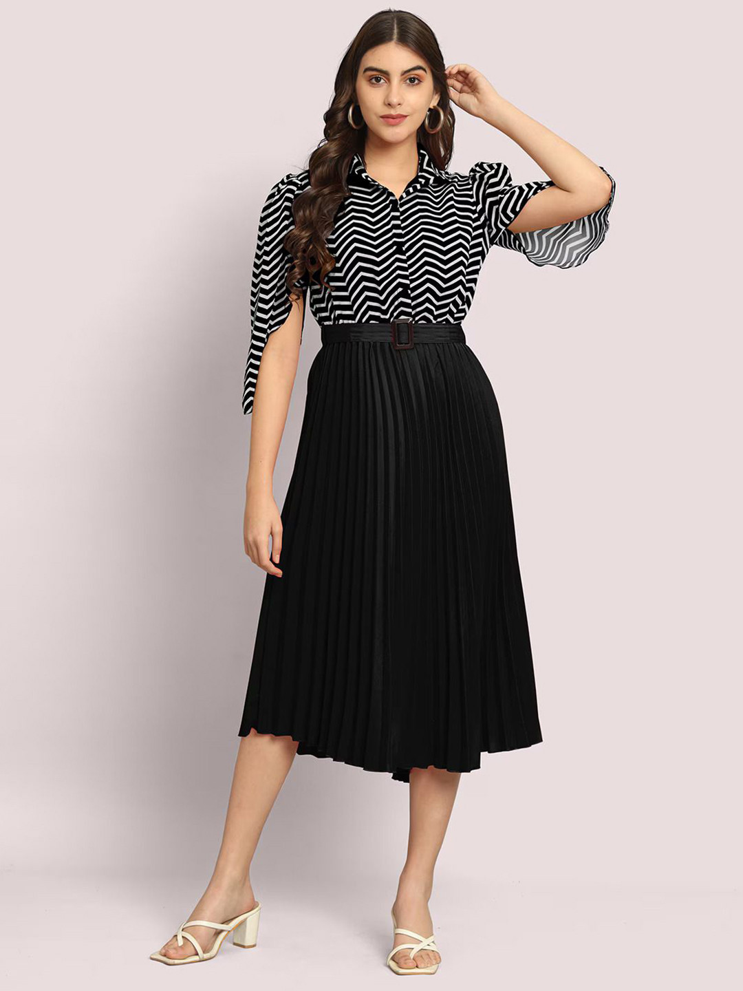 

Jash Creation Striped Applique Georgette Fit & Flare Maxi Dress, Black