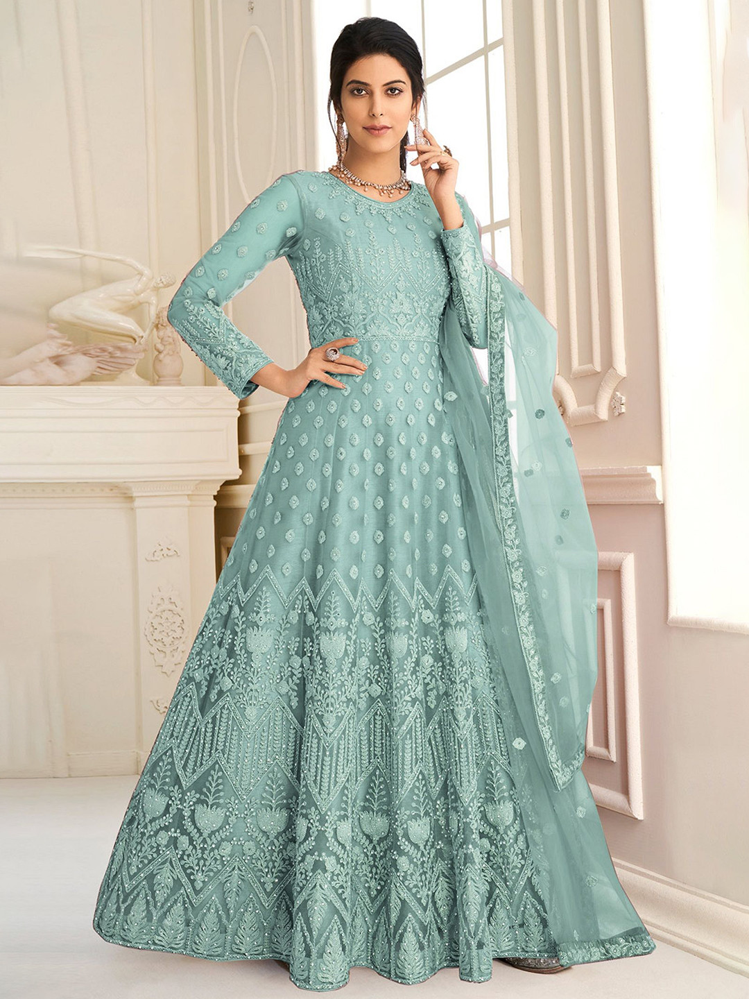 

APNISHA Embellished Embroidered Net Fit & Flare Maxi Dress, Turquoise blue