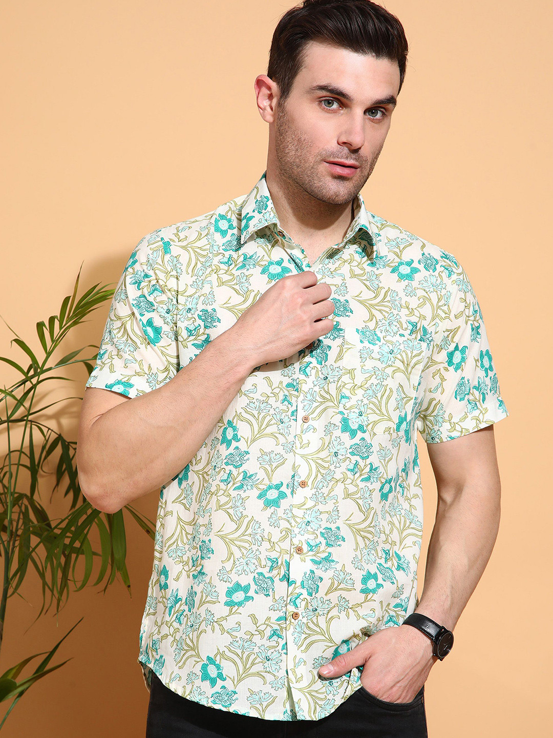 

Anouk Men Slim Fit Floral Opaque Printed Casual Shirt, Green