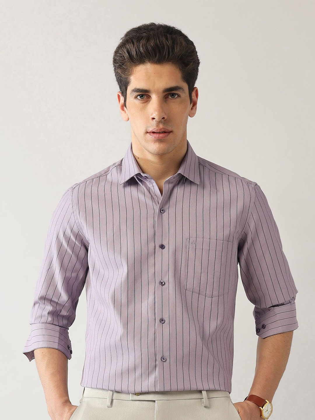 

Arrow Men Slim Fit Opaque Striped Formal Shirt, Purple