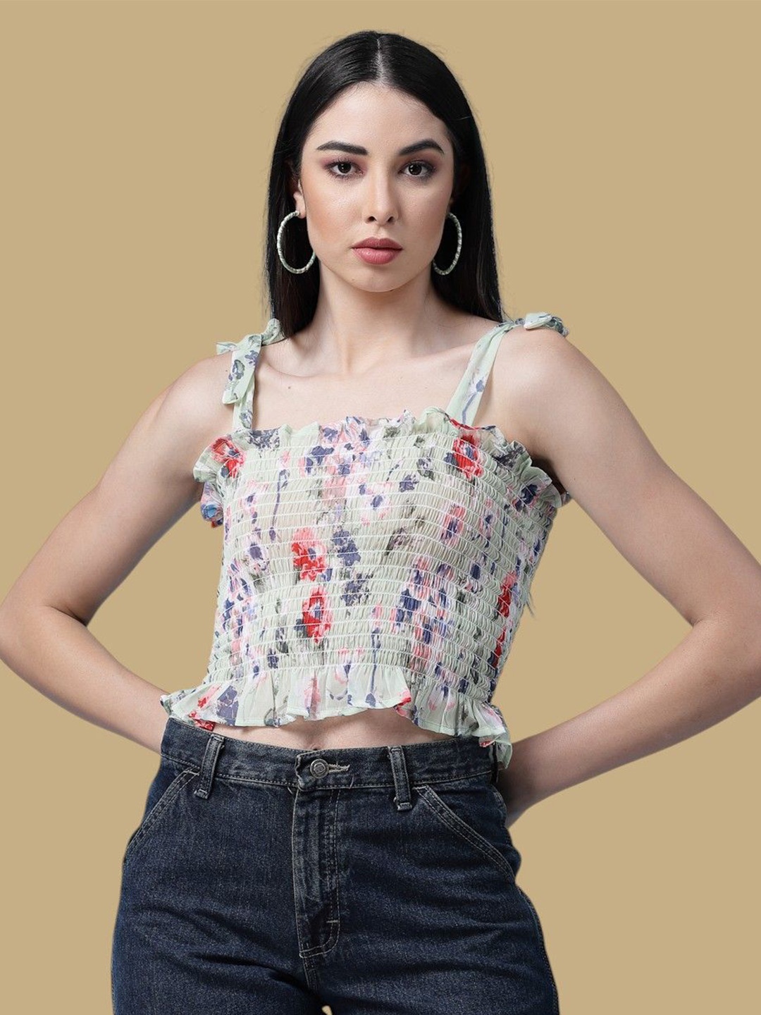 

Chemistry Floral Print Off-Shoulder Smocked Georgette Tube Crop Top, Green
