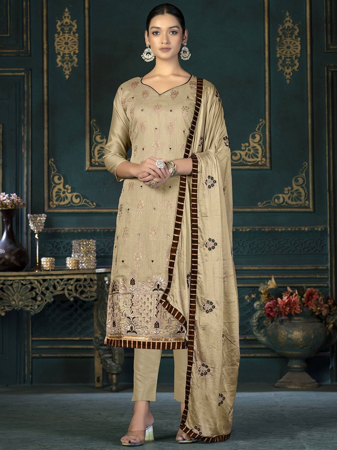 

SAINOOR Embroidered Semi-Stitched Dress Material, Beige
