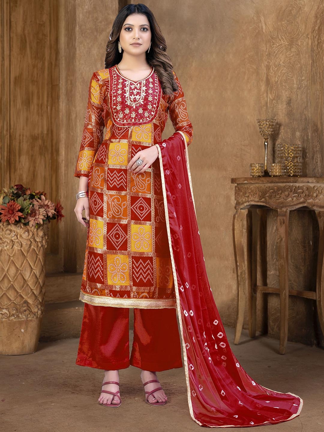 

SAINOOR Printed Pure Cotton Semi-Stitched Dress Material, Red