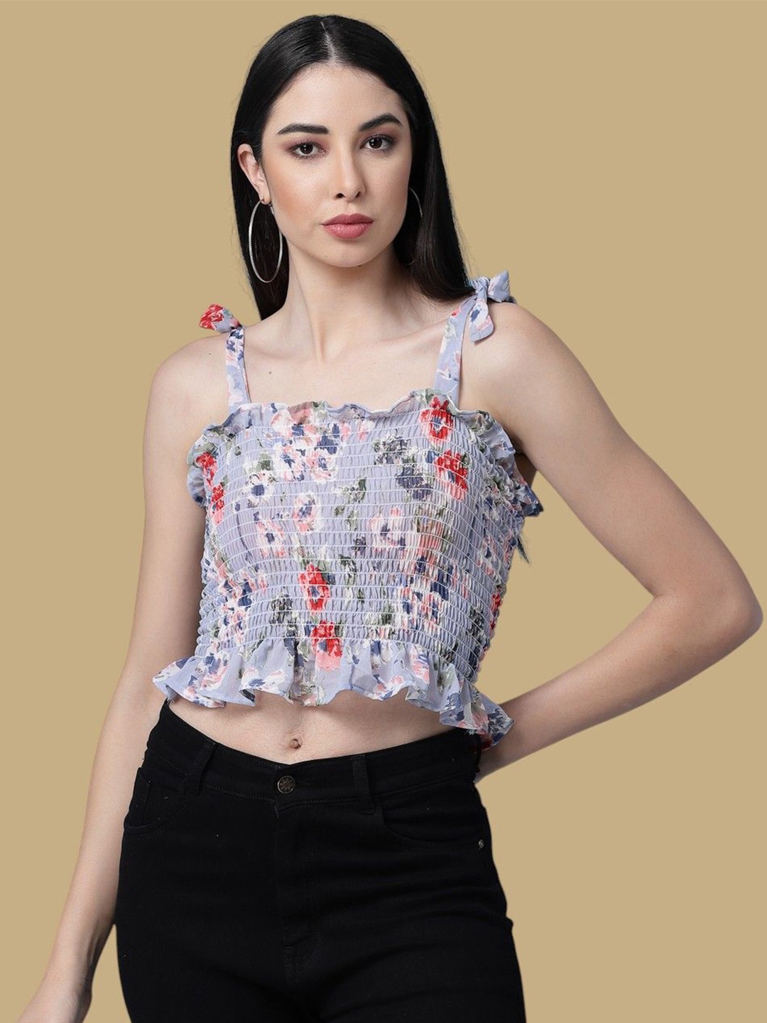 

Chemistry Floral Print Off-Shoulder Smocked Georgette Tube Crop Top, Blue