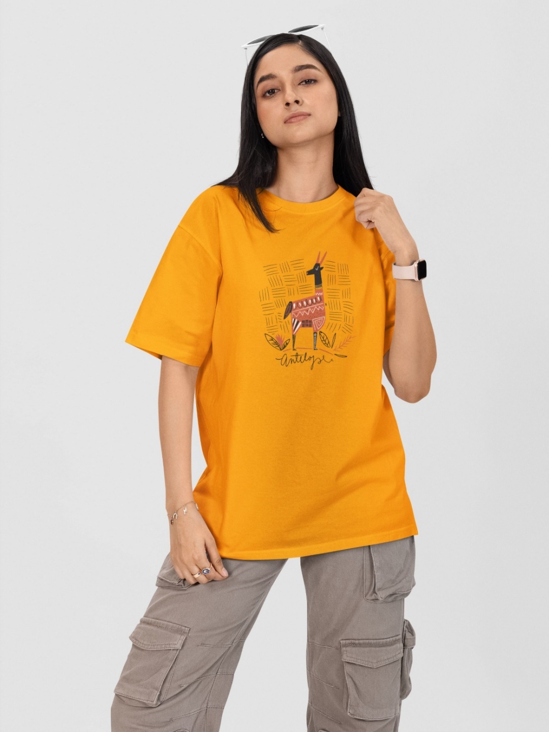 

Moda Rapido Women Printed Drop-Shoulder Sleeves Pockets T-shirt, Yellow