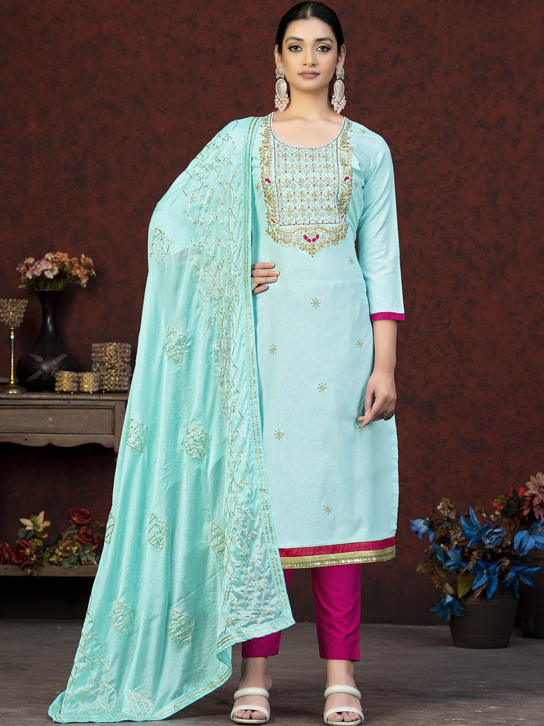 

SAINOOR Embellished Semi-Stitched Dress Material, Blue
