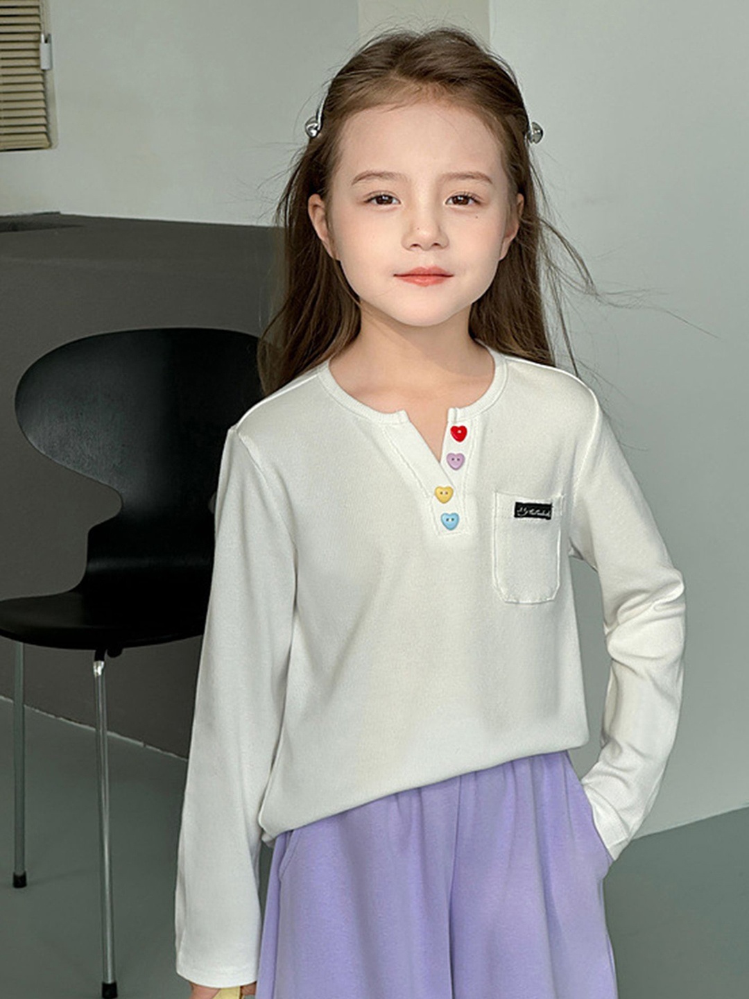 

LULU & SKY Girls Henley Neck Pockets T-shirt, White