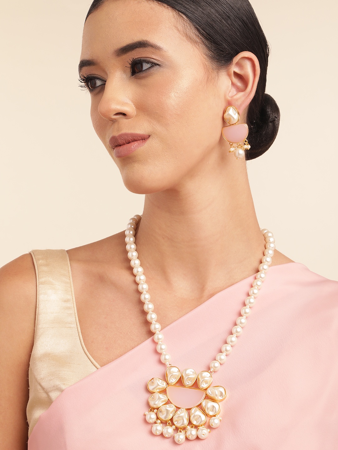 

Anouk Gold Plated Beaded & MOP Studded Premium Necklace & Earring Set, Pink