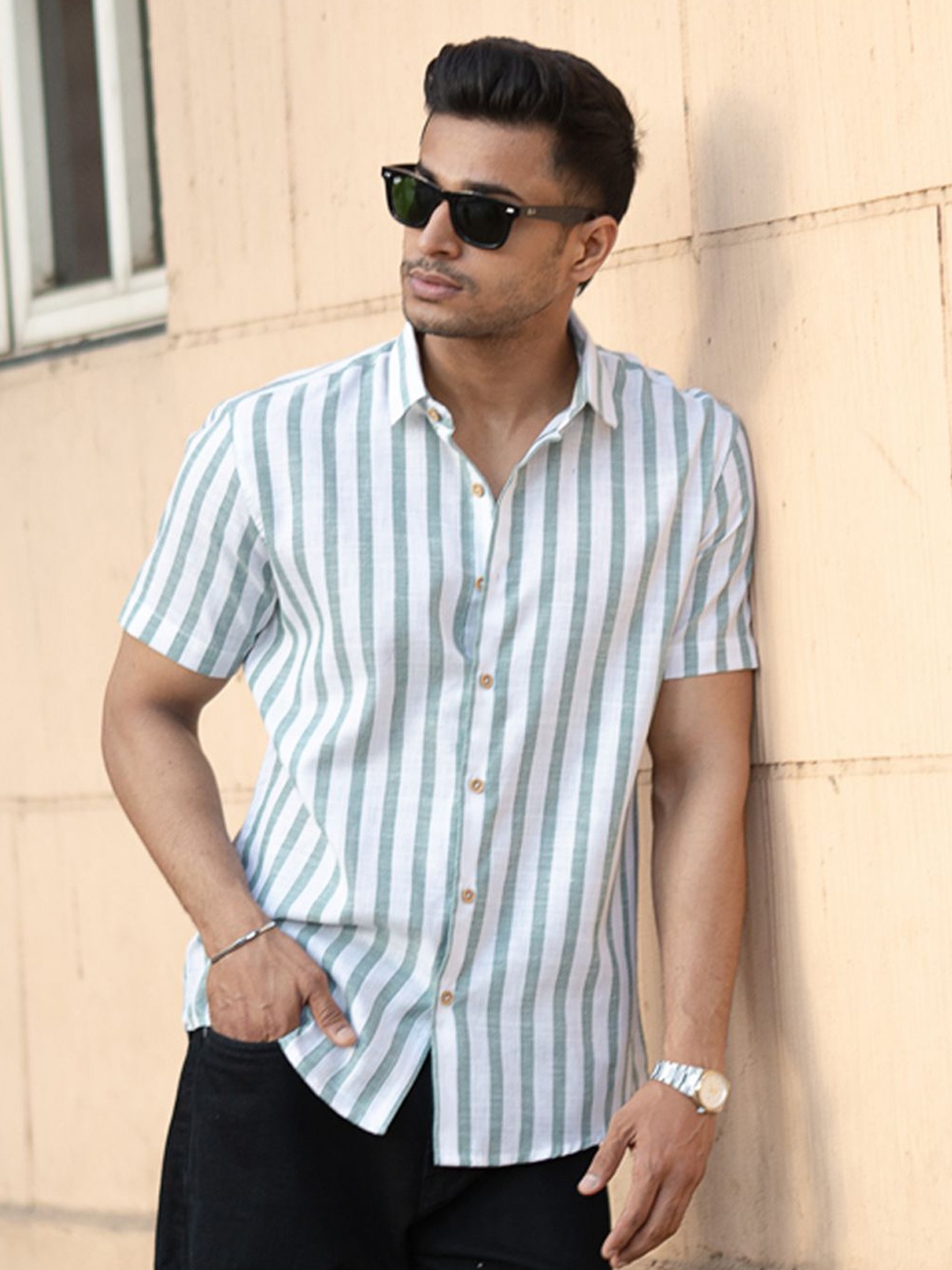 

Powerlook Men Opaque Striped Casual Shirt, Green