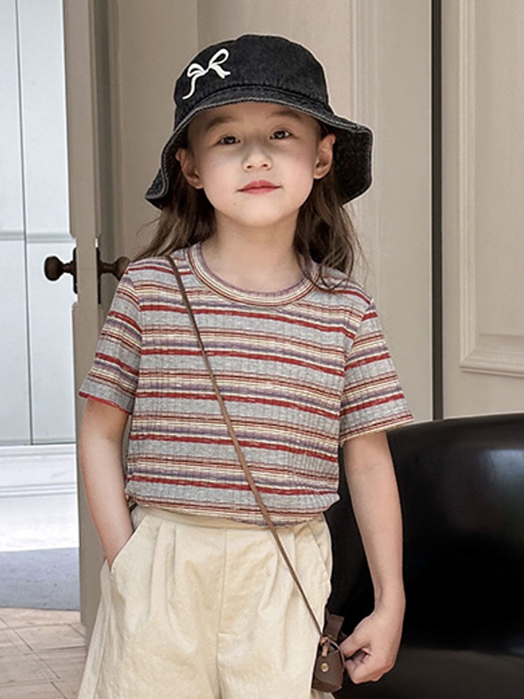 

LULU & SKY Girls Striped Pockets T-shirt, Grey