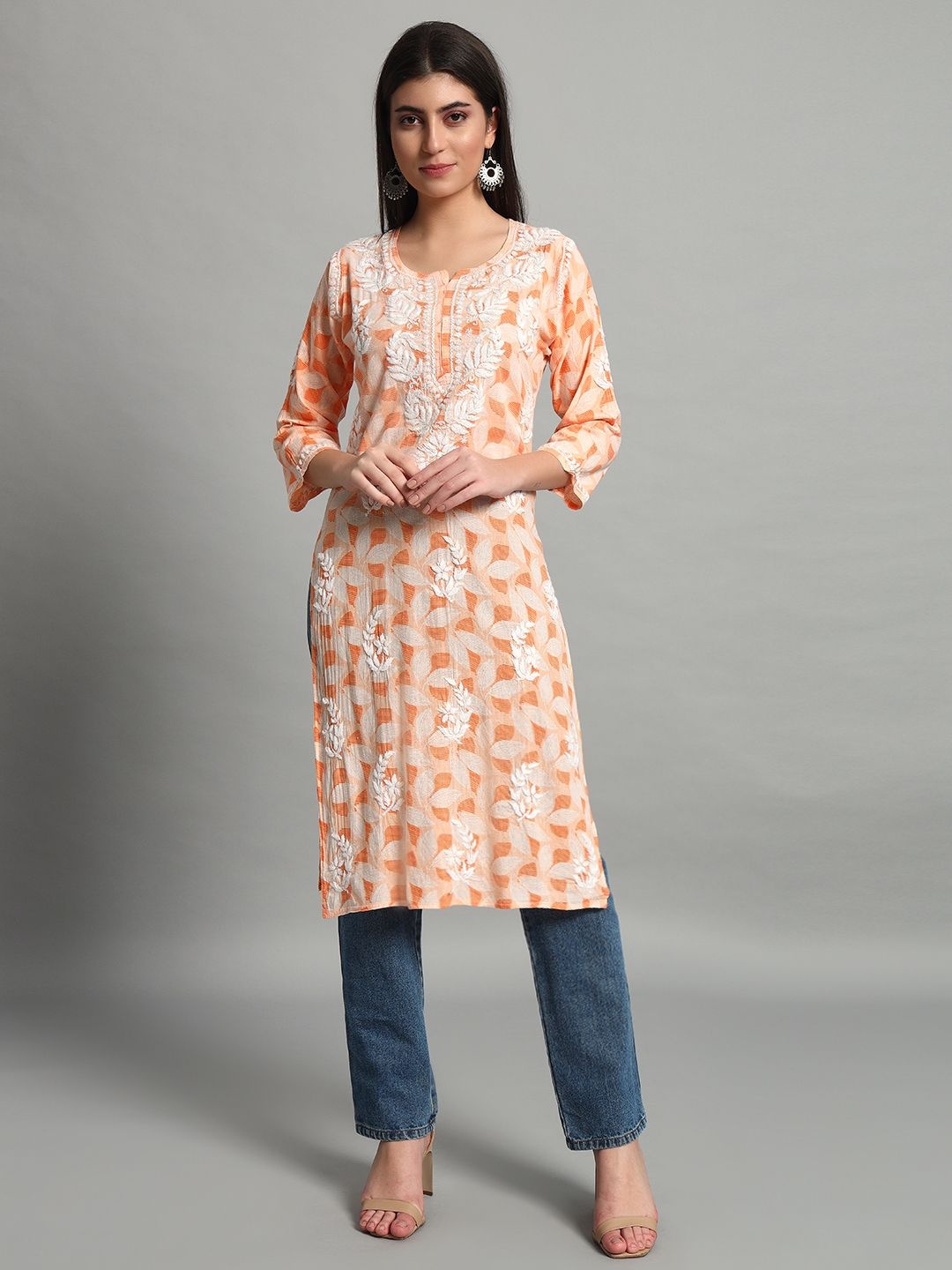 

Fashionable Chikan Handikraft Self-Designed Mul Mul Cotton Kurta, Orange